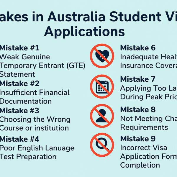 Infographic listing 10 common mistakes in Australia student visa applications with icons and brief descriptions.