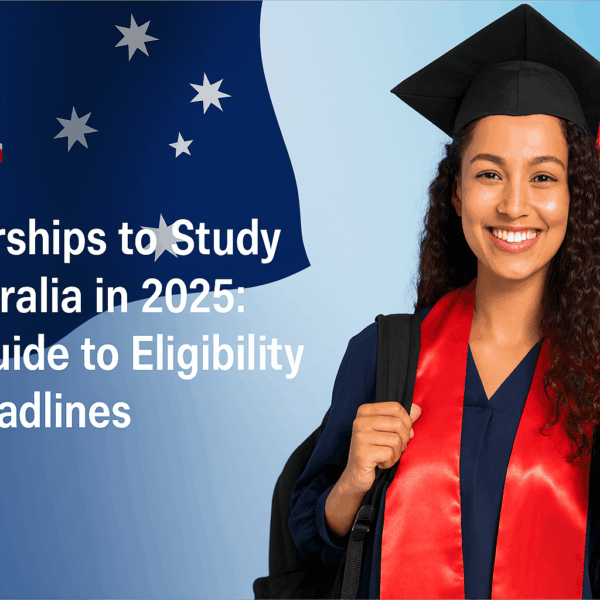 Graduate student with diploma and backpack in front of Australian flag, promoting scholarships to study in Australia in 2025.