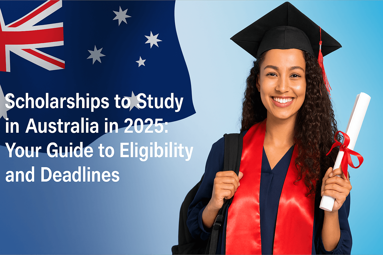 Graduate student with diploma and backpack in front of Australian flag, promoting scholarships to study in Australia in 2025.