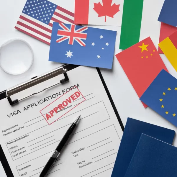 Approved partner visa application form with international flags and passports.