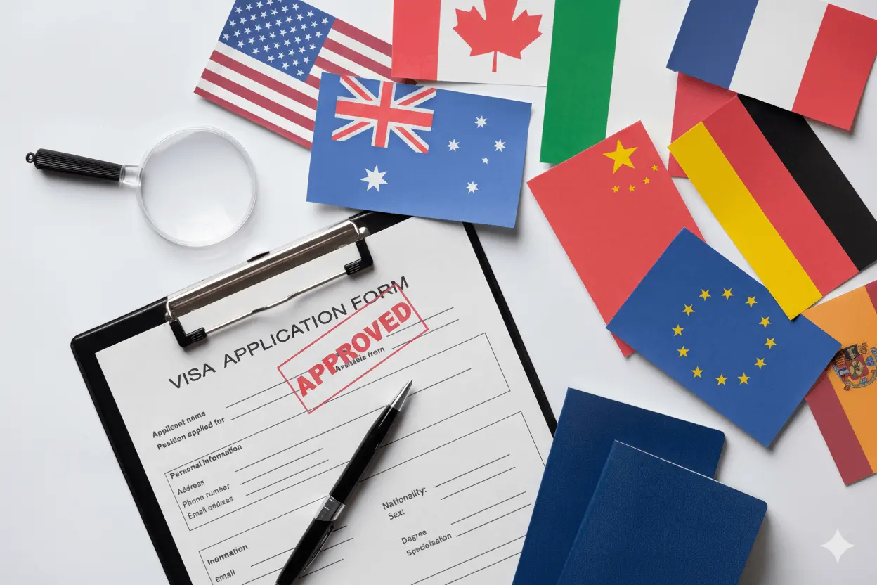 Approved partner visa application form with international flags and passports.
