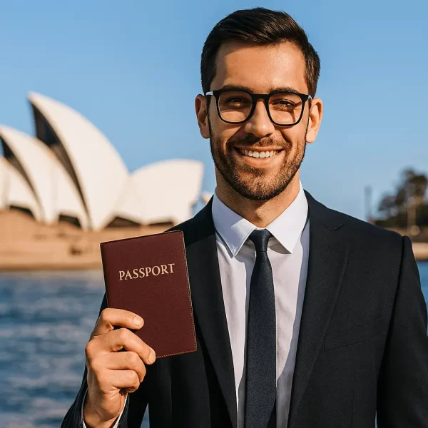 Professional young adult applying for Australian PR visa, holding a passport, background showing the Sydney Opera House, realistic, modern style.
