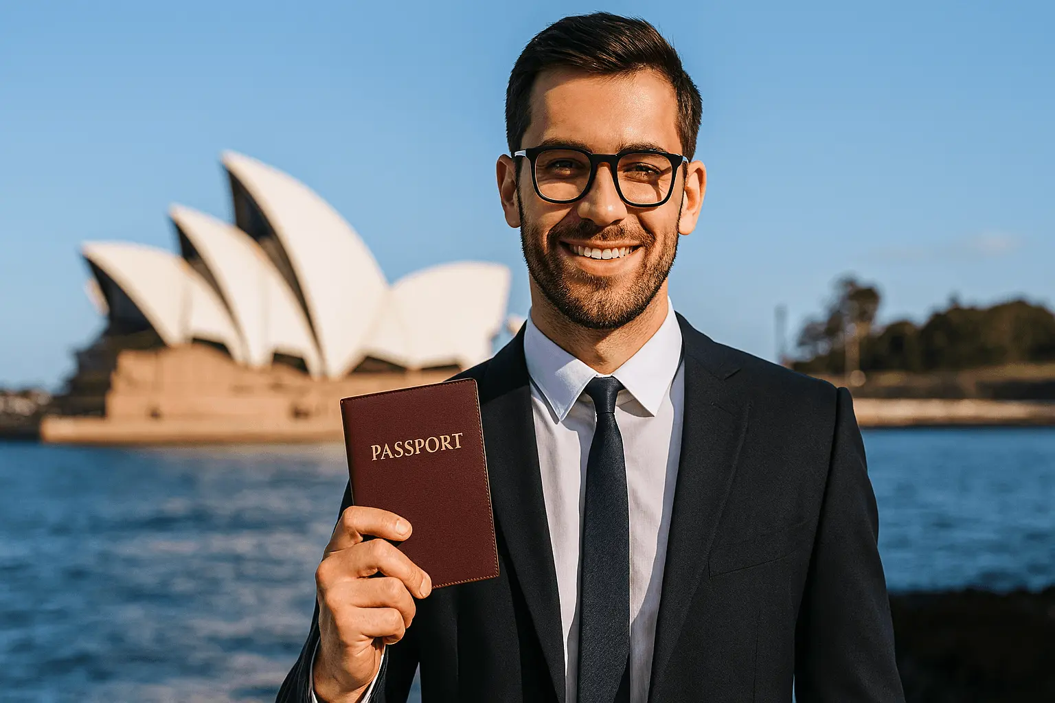 Professional young adult applying for Australian PR visa, holding a passport, background showing the Sydney Opera House, realistic, modern style.