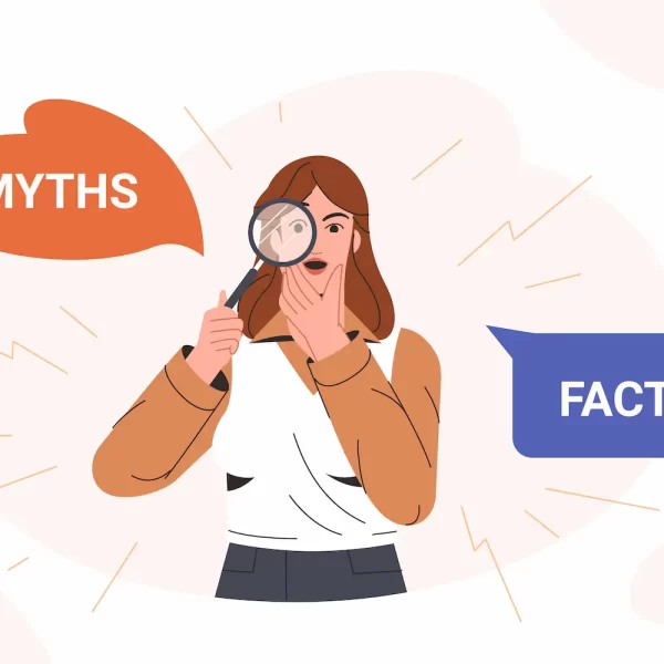 Australian PR visa myths vs. facts investigation. Woman with magnifying glass clarifies migration myths.