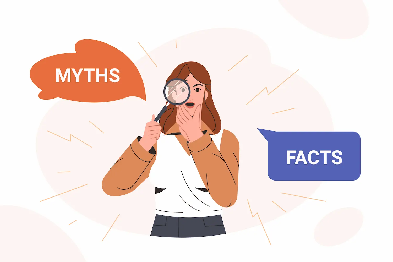 Australian PR visa myths vs. facts investigation. Woman with magnifying glass clarifies migration myths.