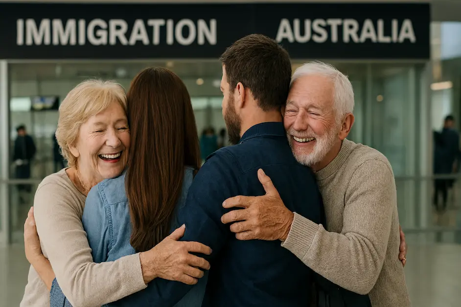 Happy senior parents hugging their adult child at Australian immigration after receiving a Contributory Parent Visa.