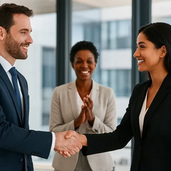 Multicultural professionals celebrating visa success with a handshake in a modern office – 2025 migration story.