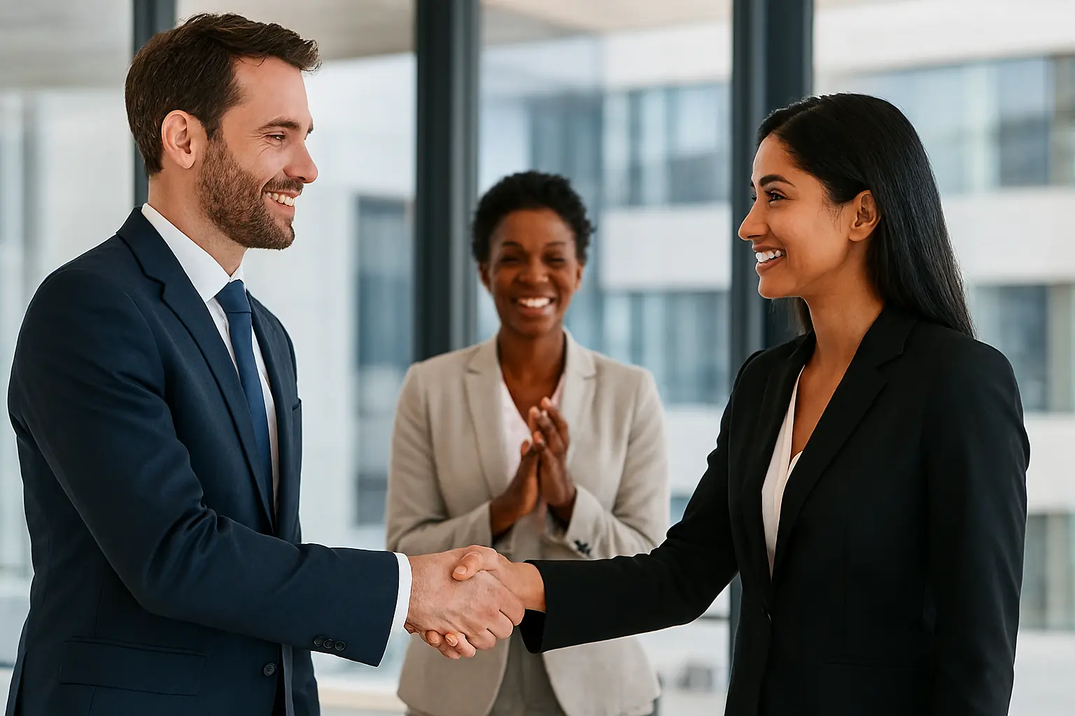 Multicultural professionals celebrating visa success with a handshake in a modern office – 2025 migration story.