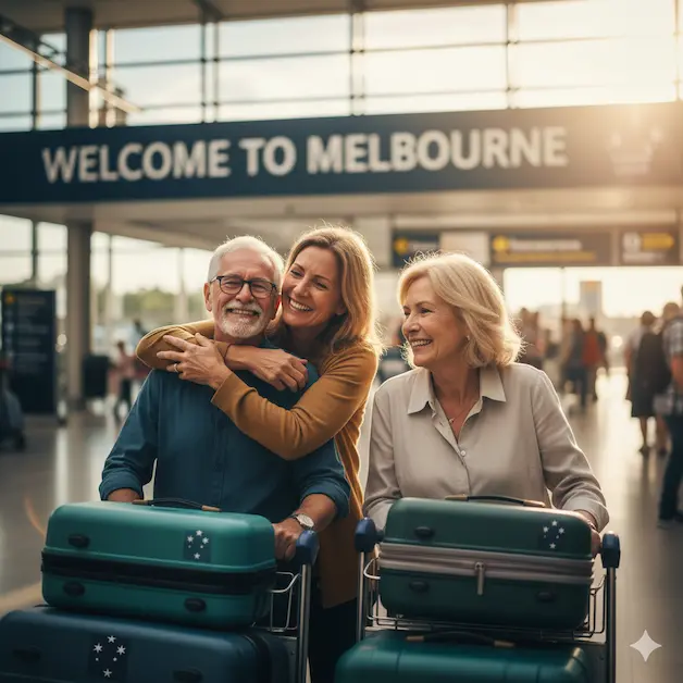 Australian Parent Visa success: Adult daughter embracing parents upon arrival at Melbourne airport.