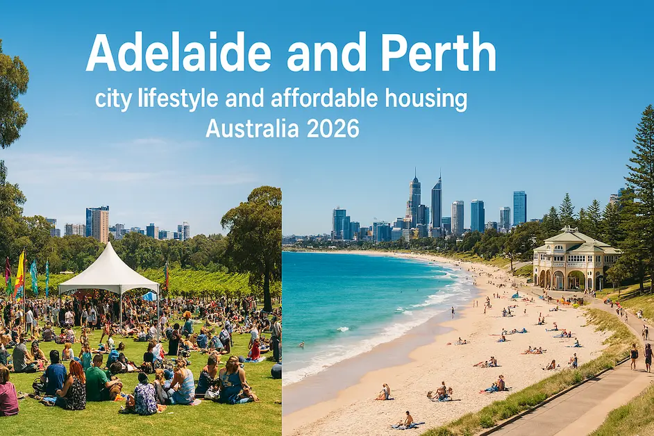 Adelaide park festival and Perth beach lifestyle with modern housing options for Australia PR 2026 applicants.