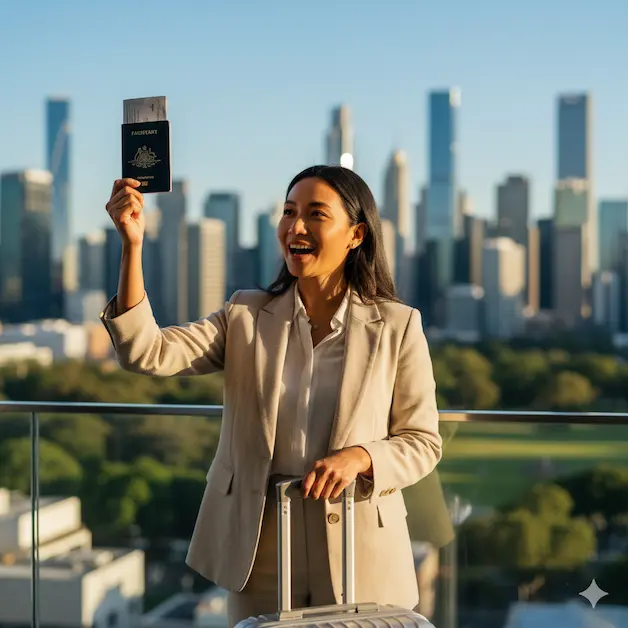 A professional holding an Australian passport after a successful Skills in Demand Visa 2026 application for Australia PR.
