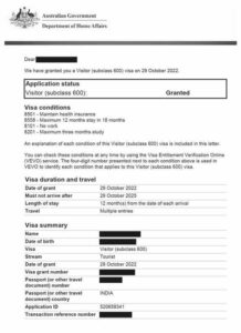 Official Australian Visitor visa (subclass 600) granted for Indian applicant.