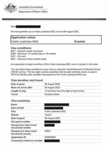 Official Australian Visitor visa (subclass 600) grant letter for Indian applicant.