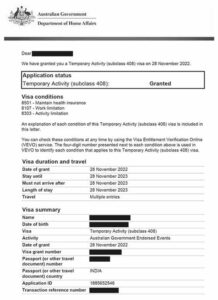 Official grant letter for Australian Temporary Activity visa (subclass 408).