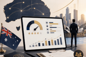Australia PR points calculator dashboard with migration planning visuals and Australian skyline.