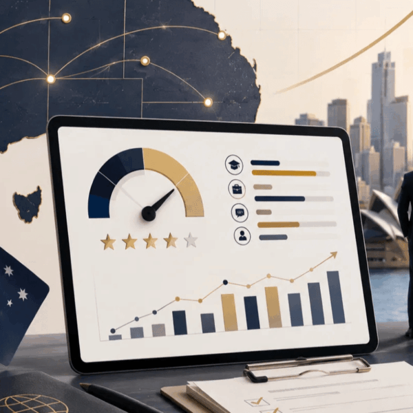 Australia PR points calculator dashboard with migration planning visuals and Australian skyline.