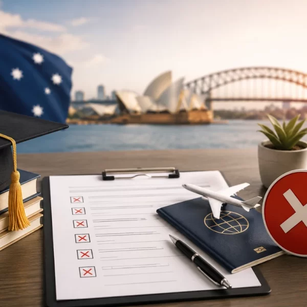 Australia student visa application checklist with passport, graduation cap, and Australia backdrop.