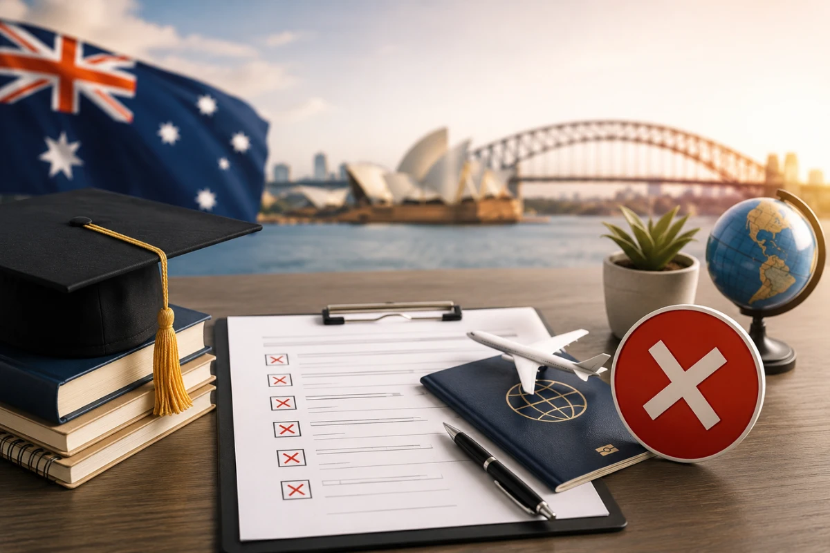 Australia student visa application checklist with passport, graduation cap, and Australia backdrop.