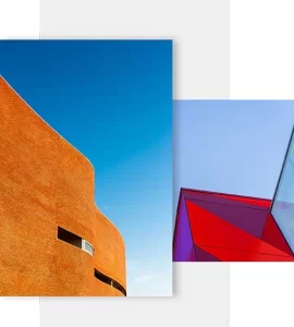 Modern abstract architectural design with vibrant geometric structures and contemporary urban aesthetics under clear sky