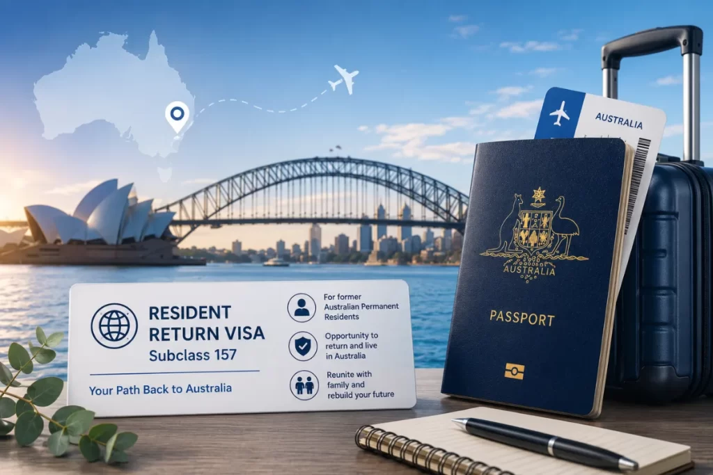 Subclass 157 Resident Return Visa Australia with passport, travel documents, luggage and Sydney Harbour background.
