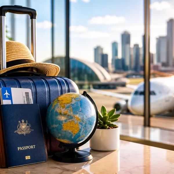 Australia travel preparation with passport, suitcase, globe and airport runway.