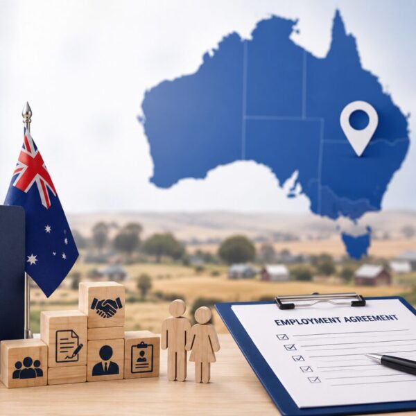 Australia DAMA program with passport, employment agreement, and regional migration location map