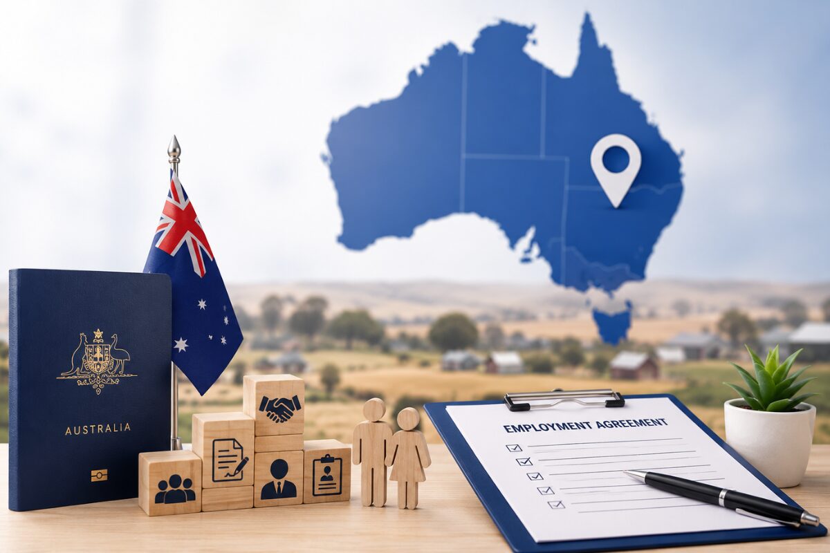 Australia DAMA program with passport, employment agreement, and regional migration location map