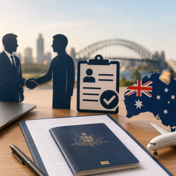 Conceptual feature image showing Australian passport, documents, handshake, and abstract migration pathway
