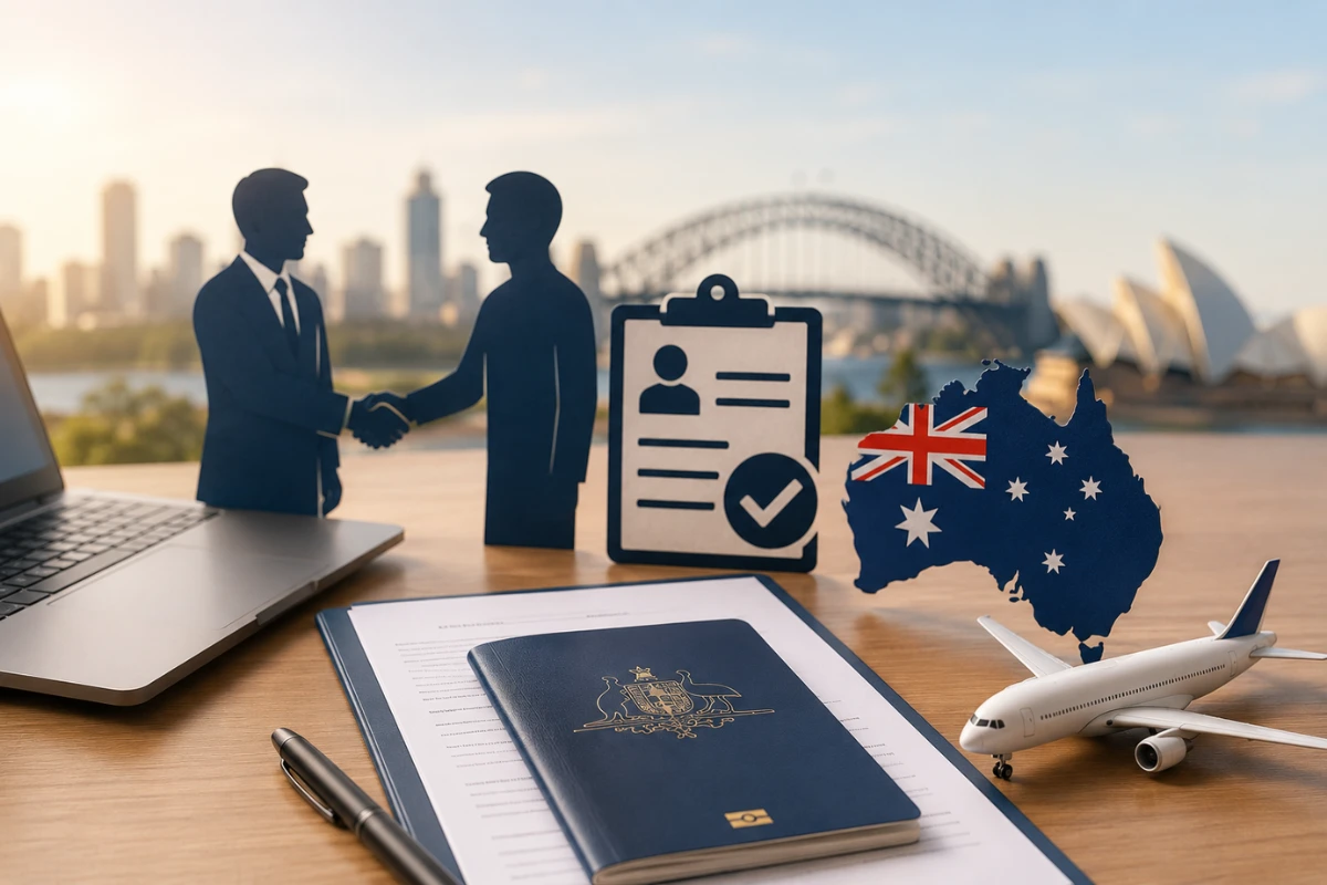 Conceptual feature image showing Australian passport, documents, handshake, and abstract migration pathway