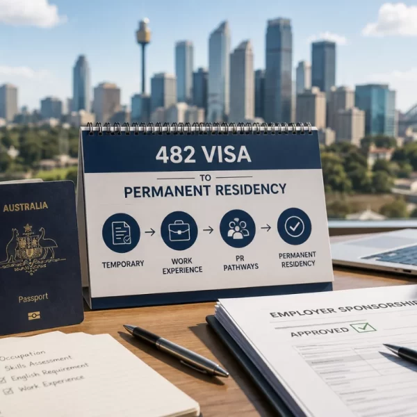 482 Visa to PR pathway with employer sponsorship, visa documents, and residency elements