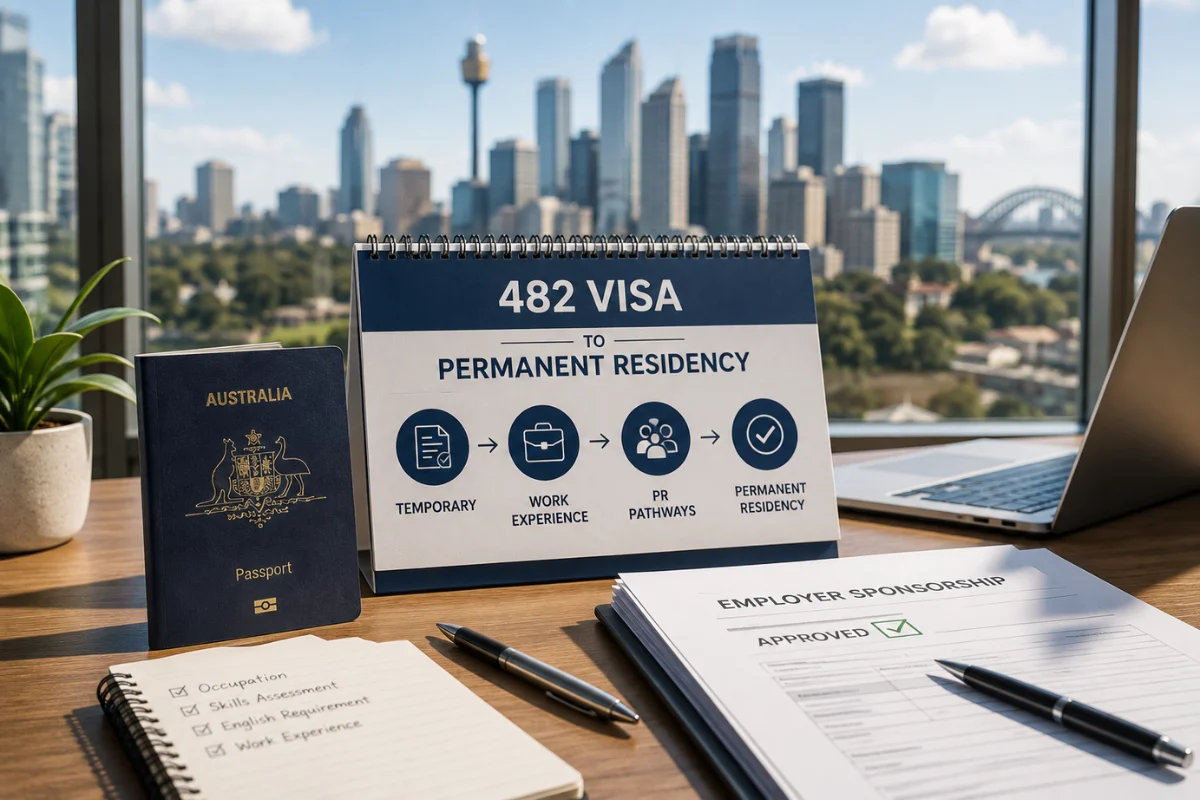 482 Visa to PR pathway with employer sponsorship, visa documents, and residency elements