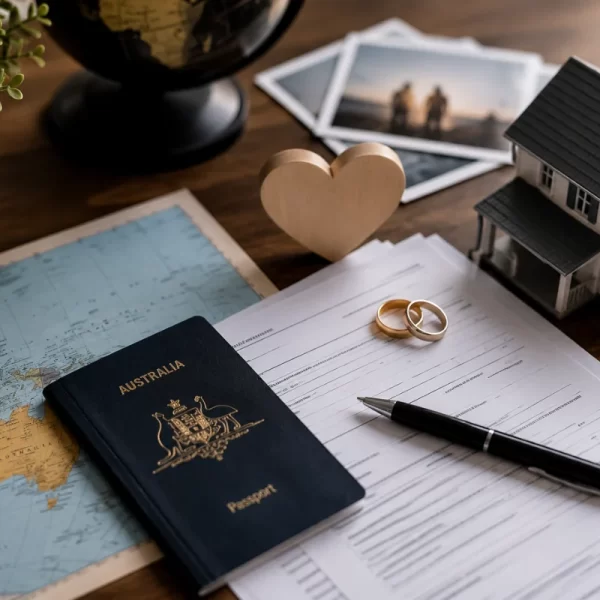 Partner Visa application documents with Australian passport, relationship evidence, map, and planning items.