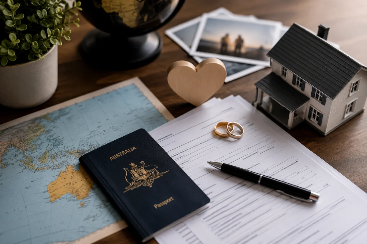 Partner Visa application documents with Australian passport, relationship evidence, map, and planning items.