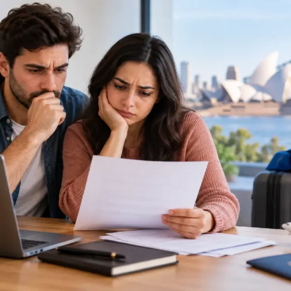 Couple reviewing documents after a Partner Visa refusal in Australia.
