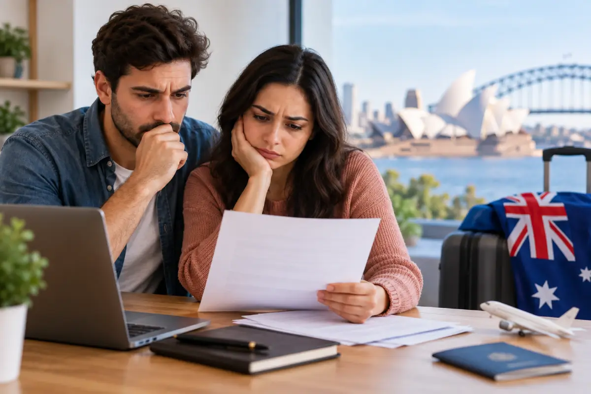 Couple reviewing documents after a Partner Visa refusal in Australia.